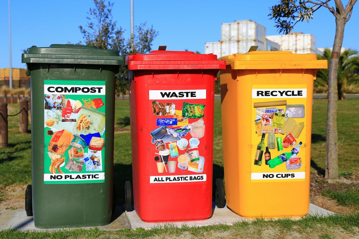 Green, red and yellow wheelie bins lined up