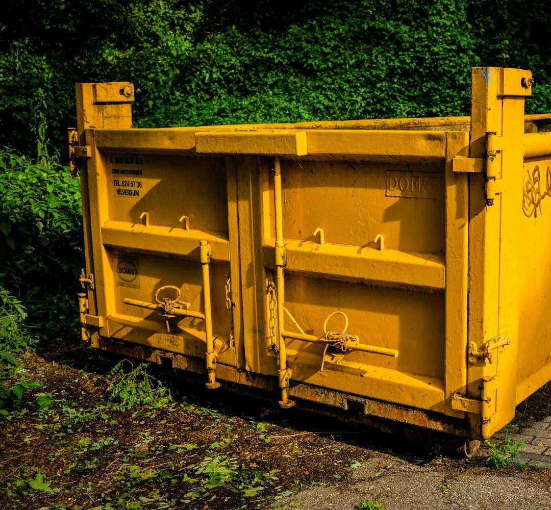 A yellow skip bin sitting beside a road